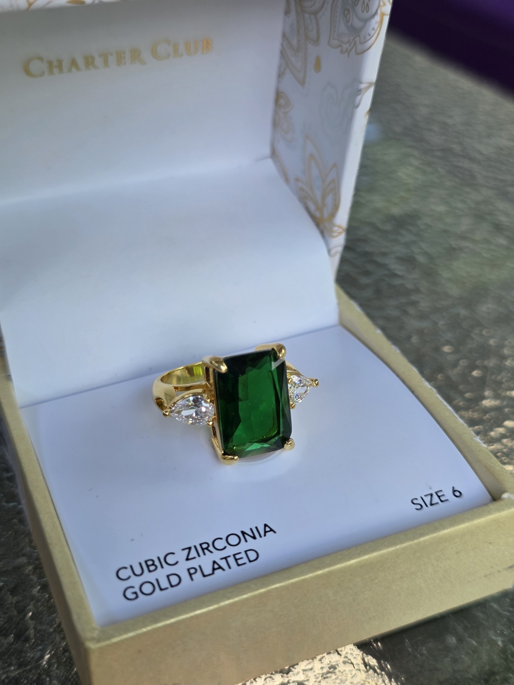 Charter Club Gold-Plated Ring with Emerald Green Cubic Zirconia J10